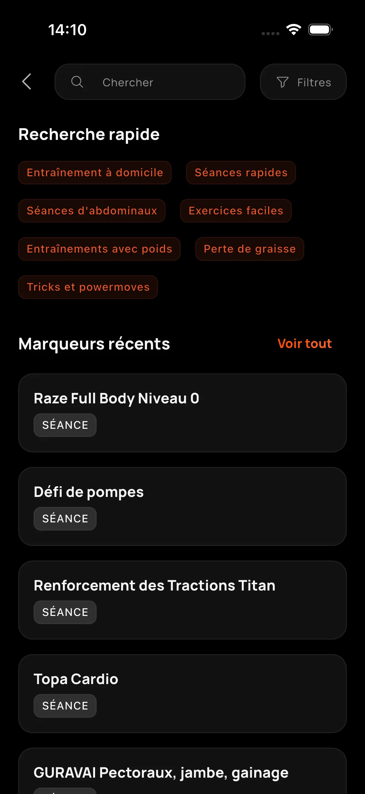 Recherche d'entraînements