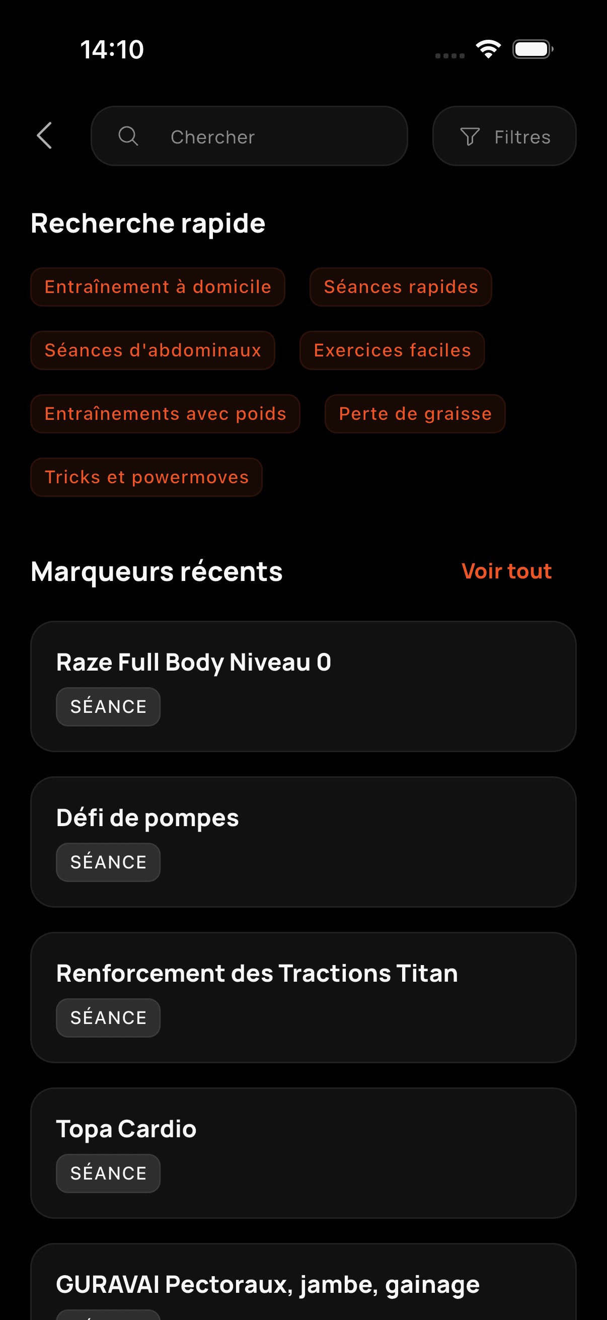 Recherche d'entraînements