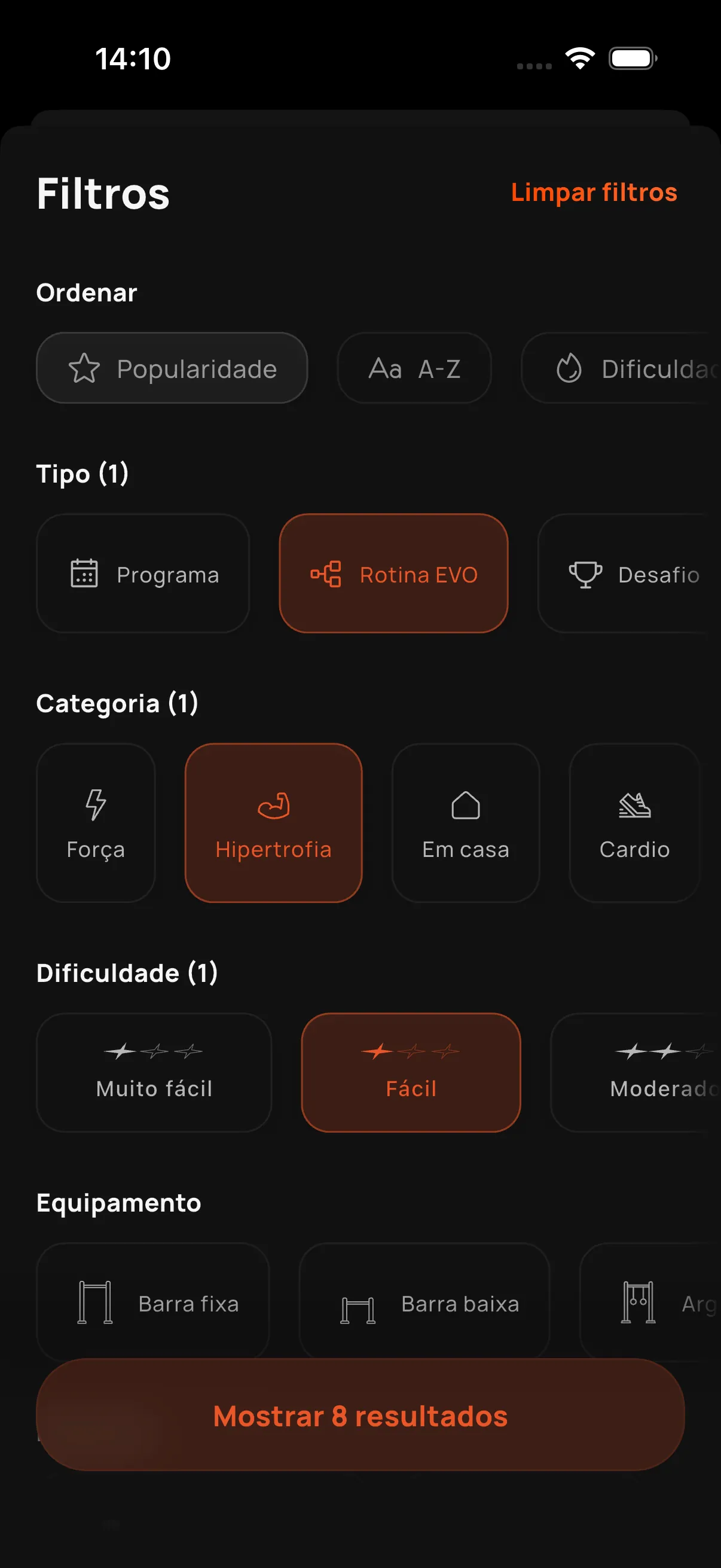 Busca de treinos com filtros