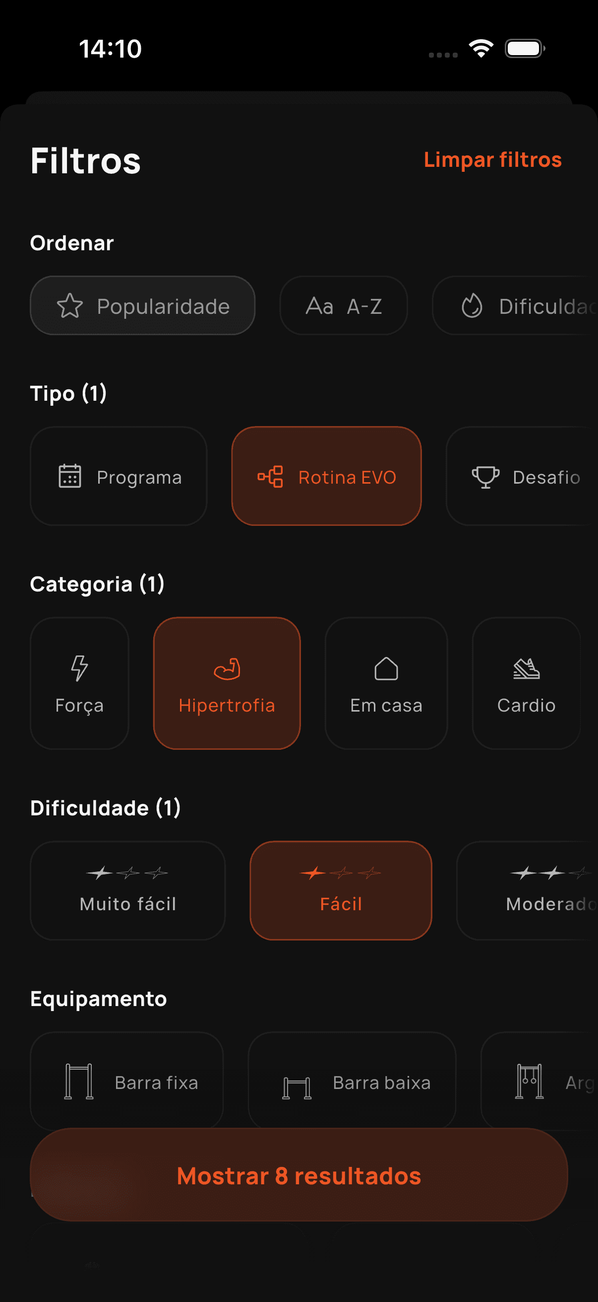 Busca de treinos com filtros