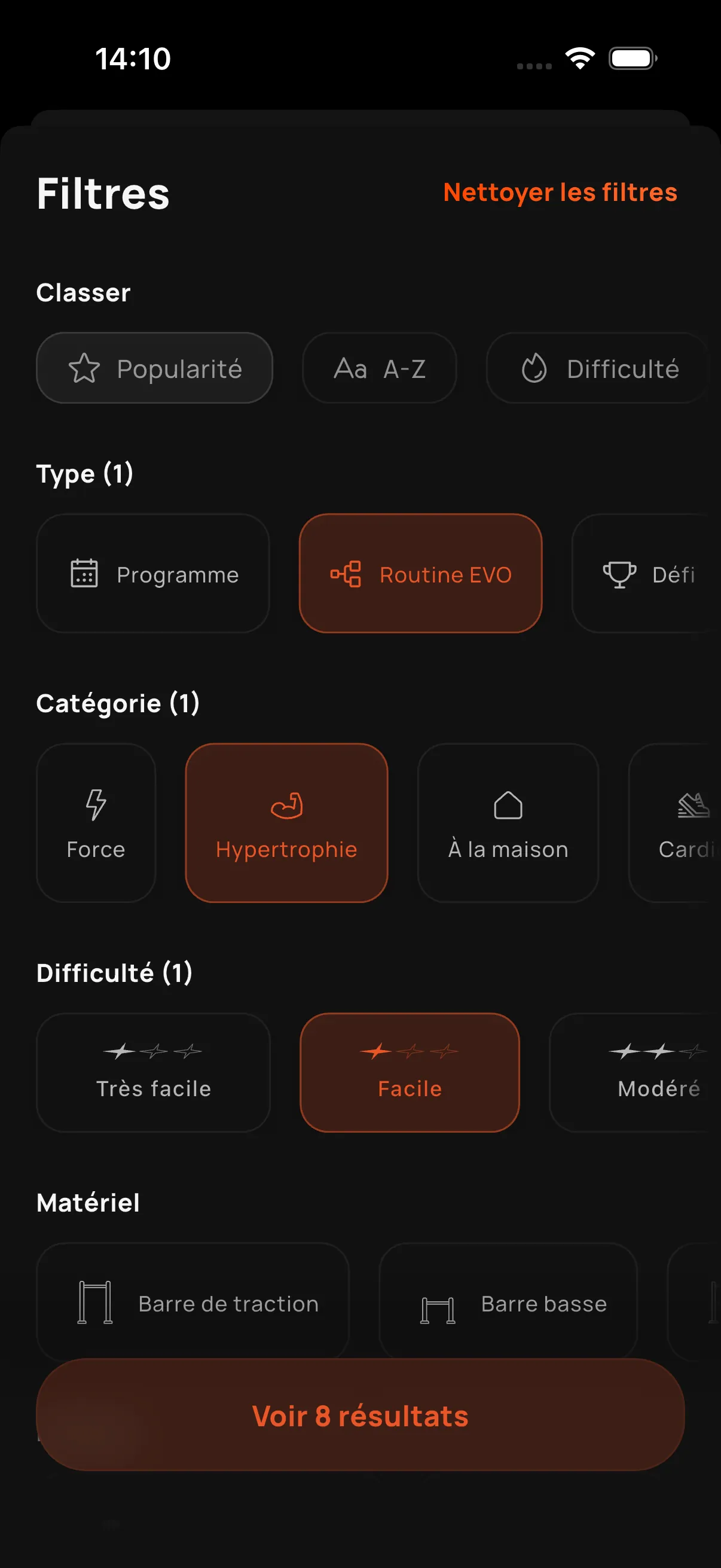 Recherche d'entraînements avec filtres