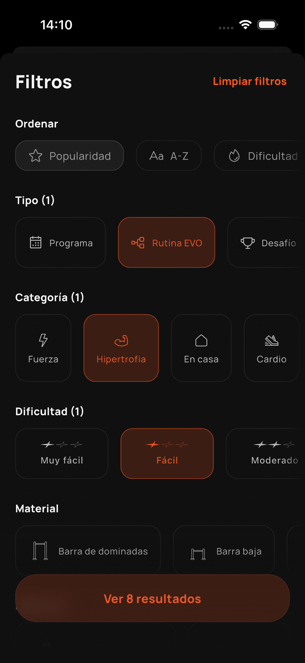 Búsqueda de entrenos con filtros
