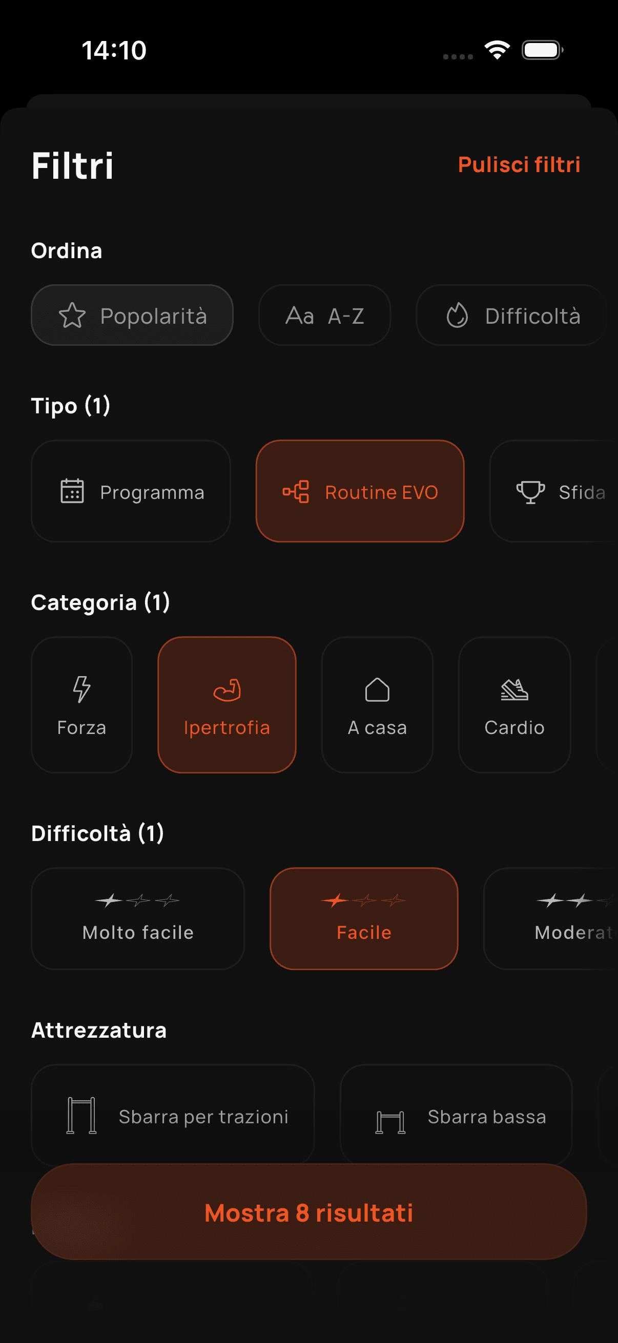 Ricerca allenamenti con filtri