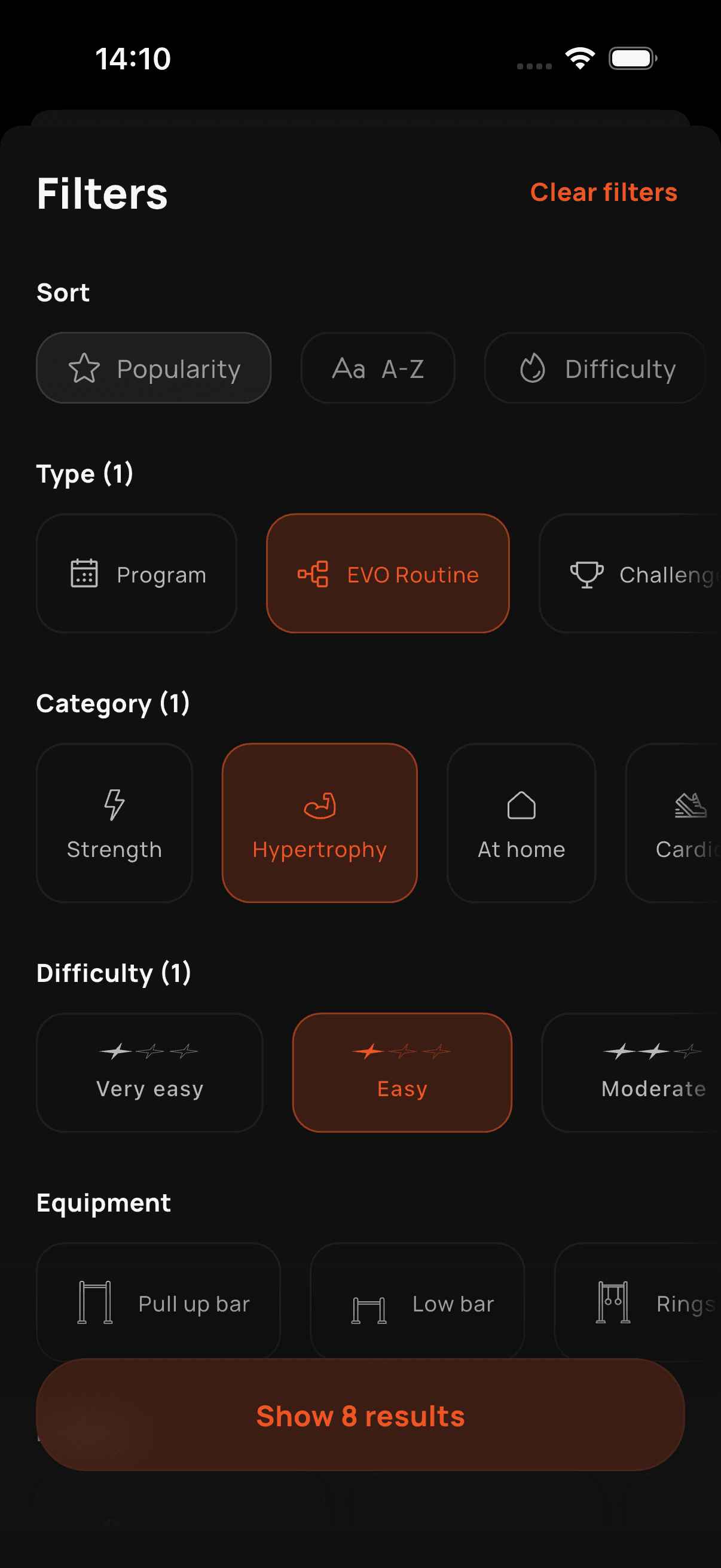 Workout search filters